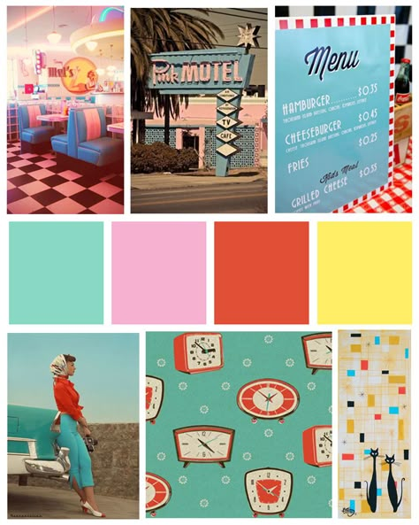 50s mood board 50s Diner Color Palette, 50s Color Palette 1950s, 50s Moodboard, Retro 50s Aesthetic, Retro Mood Board, 1950s Houses, 1950s Colors, Snowball Stand, Classical Drawing