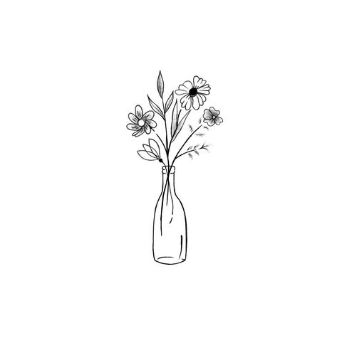 Birth Flower Tattoos In Vase, Small Flower Vase Tattoo, Flowers In Vase Line Drawing, Vase With Flowers Tattoo Simple, Daisy In Vase Tattoo, Flowers In Vase Tattoo Simple, Flower Vase Line Art, Flower In A Jar Drawing, Line Work Flower Bouquet Tattoo