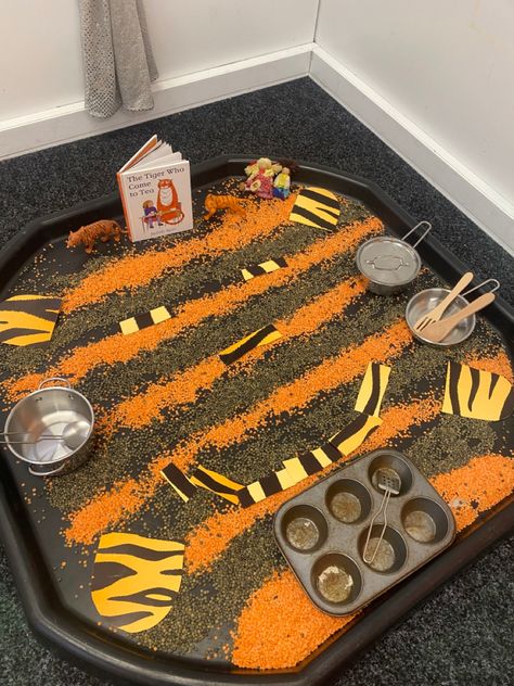 Lion Tuff Tray Ideas, Tiger Eyfs Activities, The Tiger That Came To Tea Activities, The Tiger Who Came To Tea Eyfs, Tiger Came To Tea Activities, Tiger Who Came To Tea Tuff Tray, Animals Eyfs Activities, World Book Day Tuff Tray Ideas, Jungle Tuff Tray Ideas