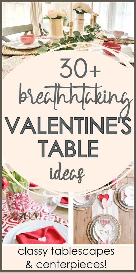 If you’re looking to spruce up table for Valentine’s Day, here are 30 beautiful Valentine table ideas – tablescapes, place settings for the dining room, centerpieces, decor for coffee tables and console tables – all the inspiration you need for a gorgeous Valentines table, wherever it is in your home! Lots of easy DIY crafts as well for decorating on a budget! Valentine Dinner Table Decorations, Valentines Banquet Table Decorations, Table Setting With Napkins, Center Piece For Dining Table Valentines, Table Decor For Valentines Day, Valentine's Table Decor, Valentine Party Table Decorations, Easy Valentine Centerpieces, Simple Valentine Table Centerpieces