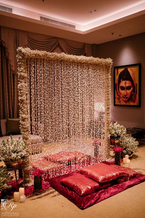 Bangladeshi Bride’s Stunning Pastel Looks For Her Nikaah - ShaadiWish Nikah Setup At Home, Bangladeshi Wedding Decoration, Nikaah Home Decoration, Nikha Decoration Ideas, Nikah Partition Decor, Nikkah Partition Decor, Pakistani Nikah Decoration, Nikkah Setup At Home, Home Nikkah Decor