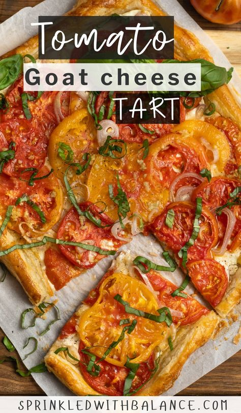 Tomato Goat Cheese Puff Pastry Tart Goat Cheese And Caramelized Onion, Goat Cheese Puff Pastry, Puff Pastry Tomato, Tomato Tart Puff Pastry, Caramelized Onion Tart, Tomato Goat Cheese, Heirloom Tomato Tart, Caramelised Onion Tart, Goat Cheese Tart