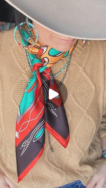 Gilliland H&C Wild Rags on Instagram: "How to tie a silk scarf with your crewneck shirts!  #bohowestern #westernfashion #rodeofashion #westernootd #wildrags #navajopearlsandaturquoise #midwestcowgirl #howtostyleascarf" Tying Wild Rags, How To Tie Wild Rags, How To Tie A Scarf Around Your Neck, Neck Scarf Styles, How To Tie A Scarf, Tie A Silk Scarf, Western Scarf, Cap Veil, Wild Rags