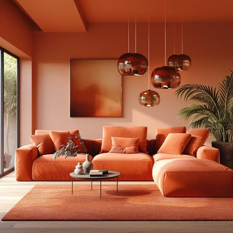 Add a Splash of Color with Orange Interior Design • 333+ Images • [ArtFacade] Huge Living Room Designs, Orange Interior Design Inspiration, Sunset Interior Design, Orange Couch Living Room Ideas, Orange Couch Living Room, Monochromatic Rooms, Orange Interior Design, Orange Interiors, 70s Living Room Decor