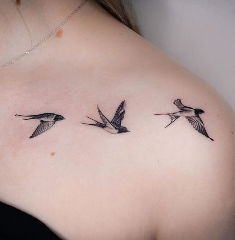 Spectacular, Soaring bird tattoos , that are surprisingly affordable. Wrist Swallow Tattoo, Haming Bird Tattoo Design, 3 Birds Tattoo Collar Bone, Collarbone Bird Tattoos For Women, Three Flying Birds Tattoo, Flock Birds Tattoo, 3 Swallow Bird Tattoo, 3 Black Birds Tattoo, Delicate Swallow Tattoo