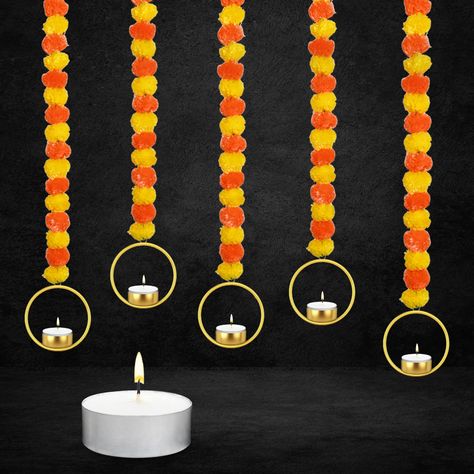 PRICES MAY VARY. 🏵️ 5 Pcs of Artificial Flower Strings Indian Flower Garland Multi String Artificial Blossom Indian Wedding Diwali Birthday Christmas Decoration Halloween Decor and other festival 🏵️ Quantity: 5 String in 1 pack long with 5 T Light Candle 🏵️ Material Used - Fiber , plastic and cotton threads 🏵️ Color - Multi 🏵️ Perfect for decoration: These marigolds artificial flowers garland gives realistic look. its very easy to install and give your house or office festive look its perfe Apartment Diwali Decor, Flower Decorations For Home Indian Pooja, Diwali Decorations At Office, Diwali Decorations At Home Entrance, Diwali Wall Decor, Rangoli Wedding, Diwali Party Decor, Home Decor Amazon Finds, Diwali Decoration Lights