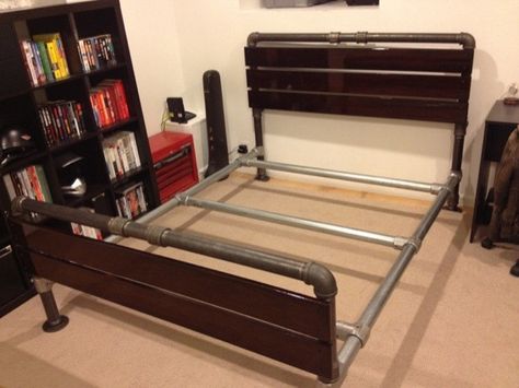 The Perfect Bed Frame for the Industrial Bedroom Palettes Furniture, Pipe Bed Frame, Pipe Furniture Diy, Industrial Bed Frame, Pipe Bed, Industrial Bed, Industrial Pipe Furniture, Built In Bed, Modern Bed Frame