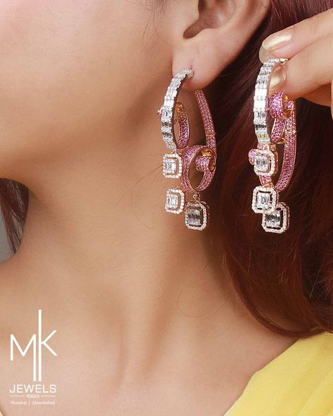 Mk Jewels, Unique Diamond Earrings, Long Diamond Earrings, Cz Jewellery, Pearl Earrings Designs, Beautiful Diamond Earrings, Dramatic Earrings, Diamond Jewelry Earrings, Diamond Bracelet Design