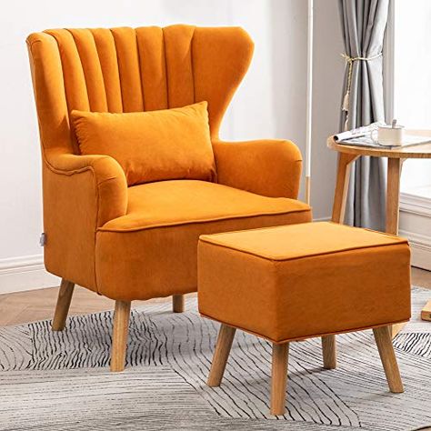 Orange Armchair, Chair And Footstool, Velvet Wingback Chair, Single Seat Sofa, Single Seater Sofa, Single Arm Chair, Orange Chair, Wingback Armchair, Velvet Accent Chair