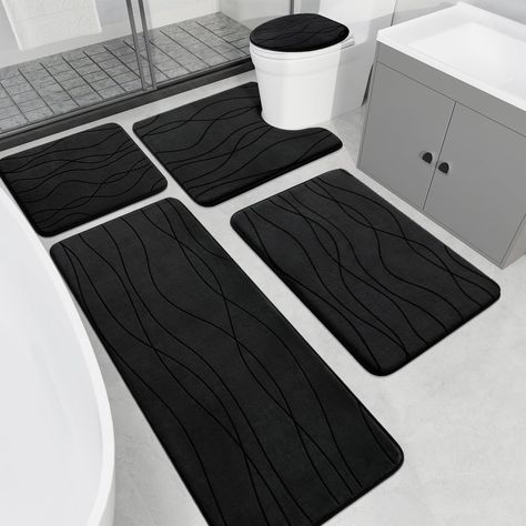 PRICES MAY VARY. 【Bathroom Rugs Set 5 pieces】The Bathroom rugs set included 20" x 46"& 32"x 20" large rugs, 24" x 17" long rug, 18" x 16"small rug and 24"x 20" U-Shaped toilet rug. Available in several sizes and colors, these bathroom rugs will easily complement any bathroom decor. 【Ultra Soft Memory Foam Bath Mat Set】This set of ultra-soft bath mats is made of thicker and better-structured memory foam, providing a soft and comfortable experience for your feet as walking on clouds. 【Ultra Absorb Black White And Brown Bathroom Master Bath, Male Bathroom Ideas Decor Modern, Bathroom Decor For Couples, Black White And Grey House Decor, Bathroom Carpet Ideas Rugs, Guys Bathroom Ideas Decor, Black And Green Bathroom Decor, Black White And Beige Bathroom, Bathroom Styles 2024