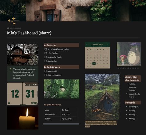 Cottage Core Notion Template, Notion Board Aesthetic, Dark Notion Aesthetic, Notion Cottagecore, Notion Layout Ideas, Notion Template Ideas Aesthetic Dark, Notion Moodboard, Cottagecore Notion, Dark Academia Notion