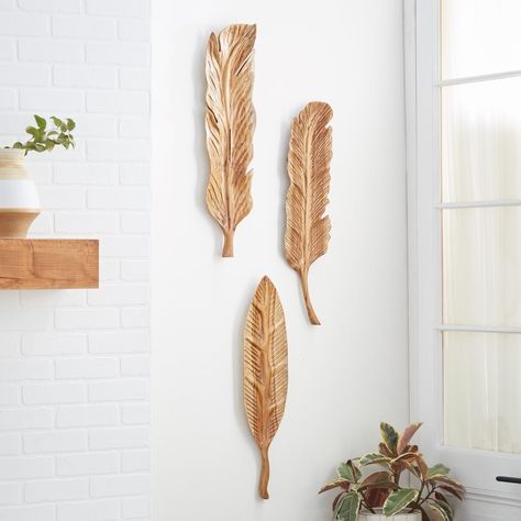 Wall Artifacts, Teak Wood Decor, Teak Wood Wall Decor, Feather Wall Decor, Bird Wall Decor, Feather Wall, Wood Bird, Rustic Theme, Accent Tables