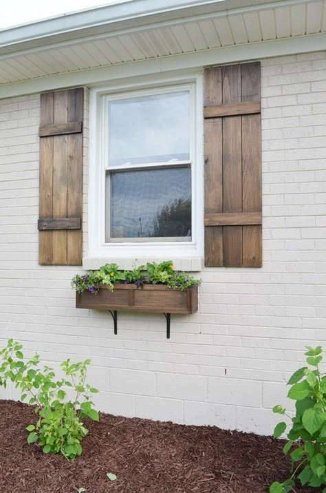 20 Cheap ways to IMPROVE CURB APPEAL (…if you’re selling or not) | Make It and Love It | Bloglovin’ Easy Curb Appeal Ideas, White Brick House, Board And Batten Shutters, Diy Shutters, Wooden Shutters, Casa Exterior, Wood Shutters, Window Shutters, Decor Pillows