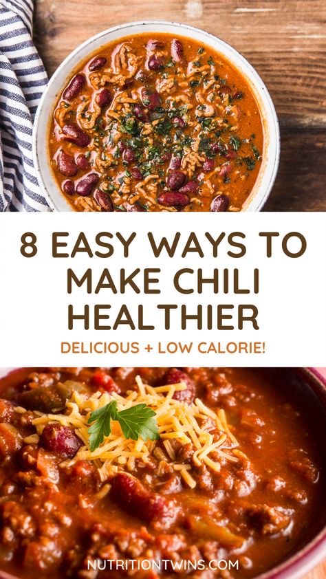 Are you looking for a delicious and easy healthy chile recipe? Whether you're making chili in your crockpot, instant pot, or on the stove, these healthy chili tips will help you to make your chili healthy with ease! This efforless weeknight dinner recipe is satisfying and staves off hunger. Learn about the 8 easy ways to make chili healthier on the blog! Chili Recipe Low Calorie, Healthier Chili Recipes, Low Calorie Chili Crockpot, Low Cholesterol Chili, Chili Low Calorie, Low Cal Chili, Low Calorie Chili Recipe, Low Calorie Chili, Mediterranean Diet Dinner Recipes