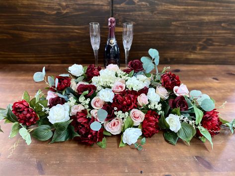 Sweetheart Table Floral Arrangement, Blush Sweetheart Table, Boho Sweetheart Table, Burgundy Peony, Sweetheart Table Flowers, Burgundy Wedding Centerpieces, Burgundy Wedding Flowers, Table Floral Arrangements, Burgundy And Blush Wedding