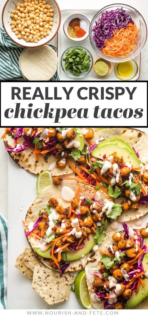 Crispy Chickpea, Seasoned Chickpeas, Meatless Meals Healthy, Creamy Chipotle Sauce, Vegetarian Taco, Chickpea Tacos, Veggie Tacos, Vegetarian Tacos, Healthy Tacos