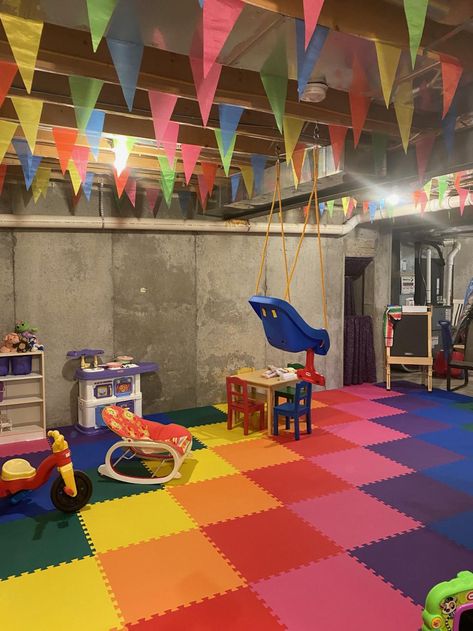 Kids Playroom Flooring, Unfinished Basement Playroom, Kids Playroom Basement, Garage Playroom, Foam Floor Tiles, Indoor Play Area, Playroom Flooring, Daycare Decor, Basement Remodel Diy