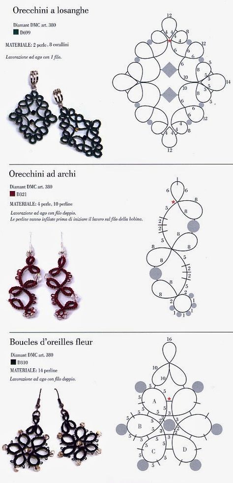 Needle Tatting Tutorial, Tatting Patterns Free, Needle Tatting Patterns, Shuttle Tatting Patterns, Tatting Earrings, Tatting Tutorial, Earrings Patterns, Crochet Earrings Pattern, Tatting Jewelry