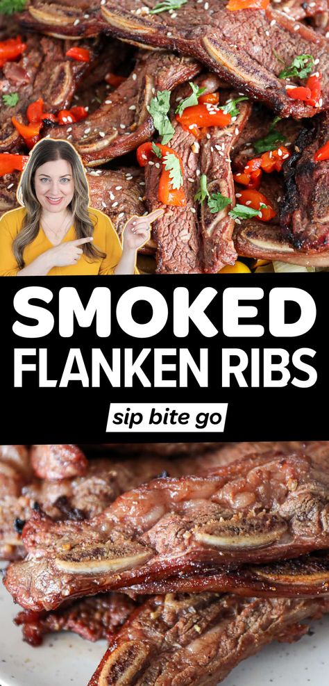 These easy smoked flanken ribs on the Traeger pellet grill are tender and tasty. One of the best ways to smoke Korean kalbi beef ribs for a crowd. | sipbitego.com Traeger Short Ribs, Smoked Korean Short Ribs, Beef Short Ribs Smoker Recipe, Flanken Ribs Recipes, Beef Flanken Ribs Recipes, Ribs For A Crowd, Beef Ribs Smoked, Flanken Short Ribs Recipe, Kalbi Beef