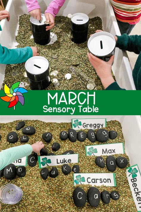 Spring Sensory Table Preschool, March Sensory Bins For Preschool, March Kindergarten Provocations, Sensory Table Kindergarten, March Sensory Table Ideas, St Patricks Sensory Bin, Preschool Table Set Up, Kindergarten Sensory Table, March Sensory Bin Ideas