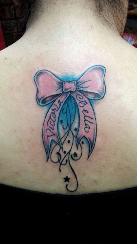 Pink bow with both of my girls names on the ribbon strands. My brother is a tattoo artist and helped me come up with the design. Baby Girl Name Tattoo Ideas, Tatoos Girl, Name Tattoos For Girls, Name Tattoo Ideas, Baby Girl Name, Girls Names, Girl Name, Tattoo Cover, Tattoo Cover-up