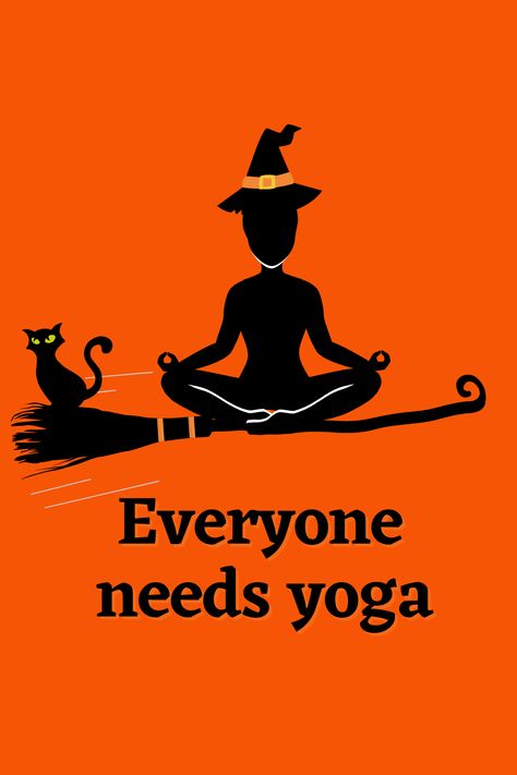 This cute witch meditating on a broom is the perfect proof for the fact, that everyone needs yoga. Accompanied by her charming black cat, this funny Halloween inspired design is a great piece of fall decoration. It also makes for a great gift for a yoga student, teacher or anyone you would like to inspire with autumn vibes. Namaste! Also available as #mug #hoodie #tshirt and more. #yoga #halloween #fall #witch #fallvibes #halloweengiftideas Cat Yoga Funny, Yoga Jokes Funny, Fall Yoga Quotes, Halloween Yoga Quotes, Halloween Yoga Poses, Yoga Illustration Funny, Pound Unplugged, Yoga Tshirt Design, Yoga Autumn