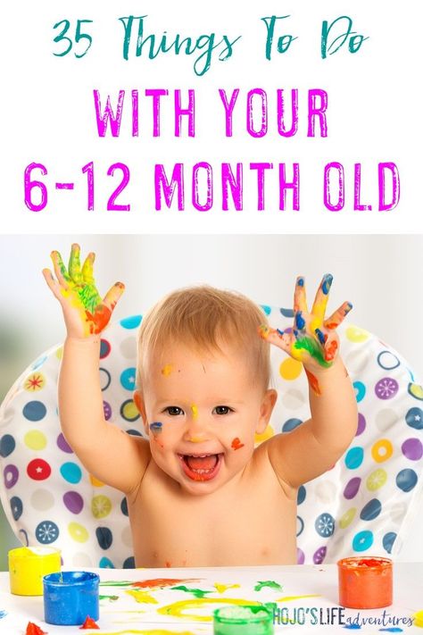 Sometimes it's hard to know how to play with your baby, but not anymore! Here are 35 things to do with your 6-12 month old! Great ideas for mom, dad, grandparents, daycare providers, and more! Crafts With 12 Month Old, Activities To Do With A 6 Month Old, Sensory Activities For Ten Month Old, Gross Motor Activities For 6-12 Months, Diy 9 Month Old Activities, 8-10 Month Old Activities, Diy 7 Month Old Activities, Games For 10 Month Old, 9 Months Activities Baby