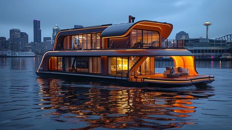 A modern houseboat with breathtaking views of the Seattle skyline. Perfect for those who love luxury and adventure on the water. Would you spend a night here? Luxury Houseboats, Love Luxury, Skyline View, Fantasy House, Houseboat, House Boat, Seattle Skyline, Breathtaking Views, Tiny House