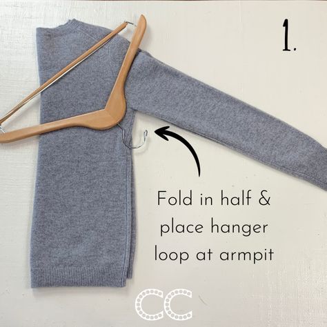 Hang Cardigans On Hangers, How To Fold A Sweater Over A Hanger, Hanging Sweatshirts, Sweaters In Closet Organizing, How To Hang Sweatshirts, Hanging Cardigans On Hangers, Folding Sweaters On Hangers, Organize Closet By Outfit, Sweater Organizer Closet