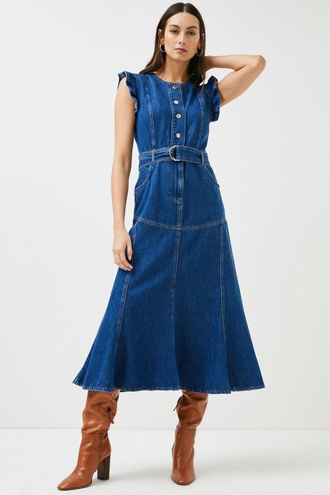 Ruffle Sleeve Belted Denim Midi Dress | Karen Millen Chunky Brogues, Spring Dress Trends, Aw 23, Flat Leather Boots, Vibrant Dress, Ladies Clothes Fashion, Denim Midi Dress, Jean Pockets, Ultra Feminine