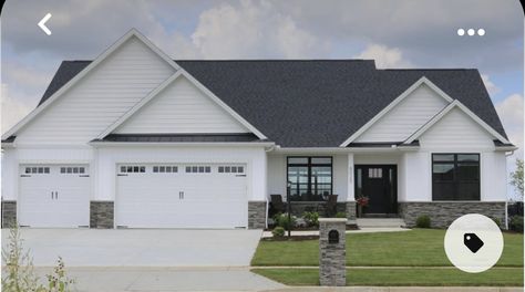 White Ranch Black Windows, White And Black Craftsman Exterior, Black White And Grey House Exterior, White Siding Black Roof, Black Roof White House, White House With Black Roof, White Siding Black Windows, Black Roof House Colors, White House With Black Windows