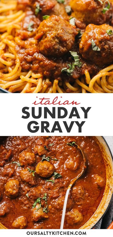 Homemade Sunday Gravy, Best Italian Red Sauce Recipe, Italian Sunday Gravy Authentic, Spaghetti Gravy Recipes, Meatball Red Sauce Recipes, Sunday Pasta Sauce, Meatballs And Red Gravy, Best Sunday Sauce Recipe, Italian Meat Sauce Sunday Gravy