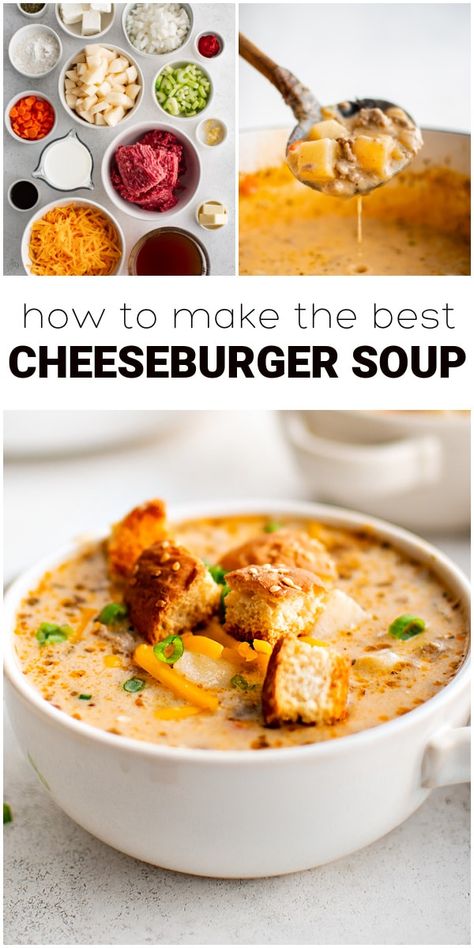 Stovetop Cheeseburger Soup, Cheeseburger Soup Without Velveeta, Potato Cheeseburger Soup, Big Mac Soup, Easy Soup Ground Beef, Hamburger Meat Soups, Hamburger Helper Soup, Soup Recipe With Ground Beef, Cheeseburger Soup With Noodles