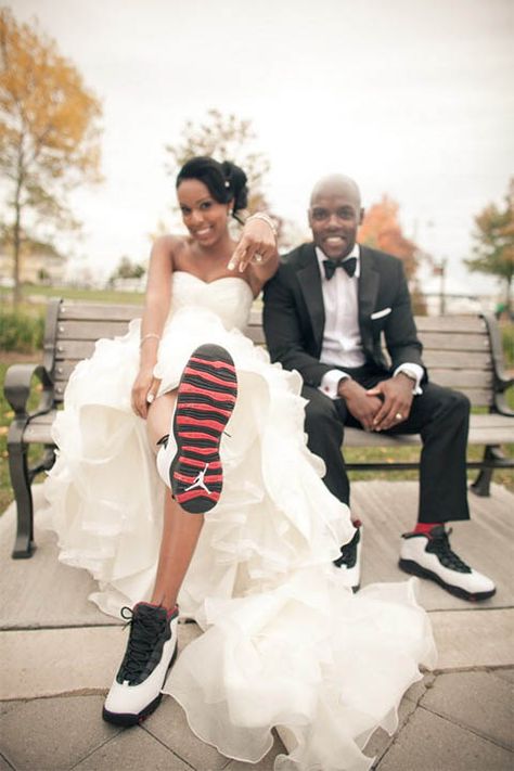 Oakville Conference Centre Wedding | Cara and Leon | Instead of the usual heels and dress shoes, this couple opted for Air Jordans for their footwear! Photography session in Bronte Outer Harbour Marina :) #torontoweddingphotographer #weddingphotography #weddingshoes ~ http://www.focusproduction.ca/oakville-wedding-at-bronte-outer-harbour-marina-cara-and-leon/ Dress With Jordans, Alternative Wedding Shoes, Comfy Wedding Shoes, Bridal Sneakers, Wedding Sneakers, Bride Shoes, Love Is In The Air, Alternative Wedding, Tiffany Blue