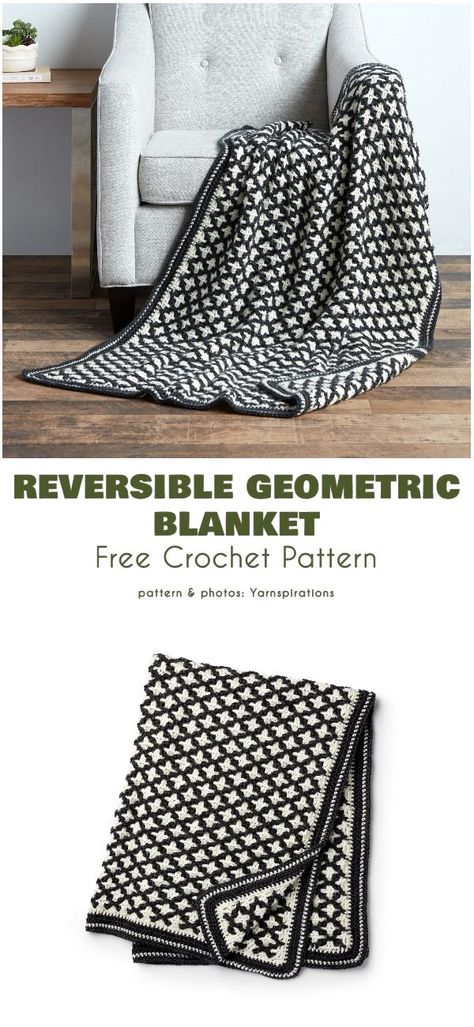 Reversible Geometric Blanket Free Crochet Pattern Modern interiors do well with simple, two-tone accessories with geometric patterning. Vintage Blanket Crochet Pattern, Crochet Two Color Blanket, Modern Haken, Geometric Blanket, Modern Crochet Blanket, Crochet Rugs, Modern Crochet Patterns, Crochet Blanket Designs, Blanket Ideas