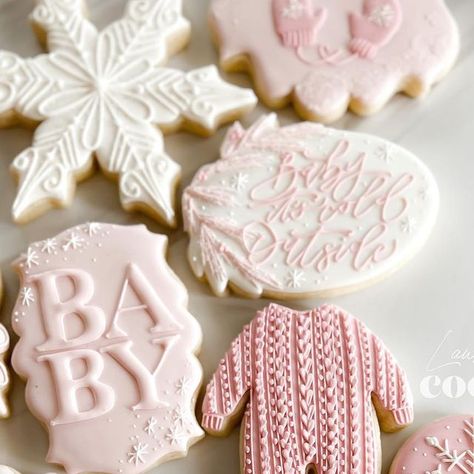 Gender Reveal Cookies Christmas, Pink Snowflake Cookies, Baby It's Cold Outside Cookies, Baby It’s Cold Outside Sugar Cookies, Santa Baby Cookies, January Baby Girl Shower Ideas, January Baby Shower Themes Girl, Baby Its Cold Outside Cookies, Winter Wonderland Baby Shower Cookies