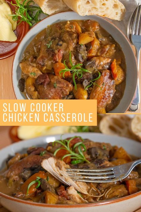 Slow Cooker Chicken Casserole - Slow cooker chicken casserole has soft, juicy chunks of chicken, sweet maple glazed bacon and tender vegetables all cooked in a delicious herb gravy. Maple Glazed Bacon, Herb Gravy, Slow Cooker Chicken Casserole, Slow Cooked Chicken, Healthy Slow Cooker, Crockpot Recipes Slow Cooker, Chicken Recipes Casserole, Easy Slow Cooker, Chicken Casserole