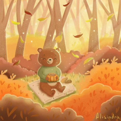 Cosy art of Teddy-bear, sitting in an sunny autumn forest with a cup of warm cocoa Sunny Autumn, Autumn Illustration, Autumn Magic, Nursery Animal Prints, Forest Art, Fantasy Art Landscapes, Autumn Forest, Kawaii Wallpaper, Woodland Nursery