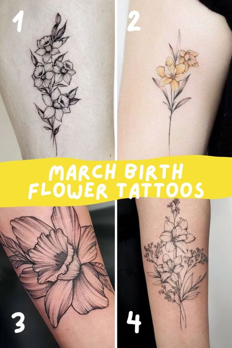 25 March Birth Flower Tattoos {Daffodils} - TattooGlee Daffodil Tattoos Birth Flower, Tattoo For March Birth Month, March Tattoo Design, Daffodil March Tattoo, Flower For March Birth Month, March Month Flower Tattoo, Tattoo Ideas Female Birth Flower, March Birth Tattoo, March Birthday Flower