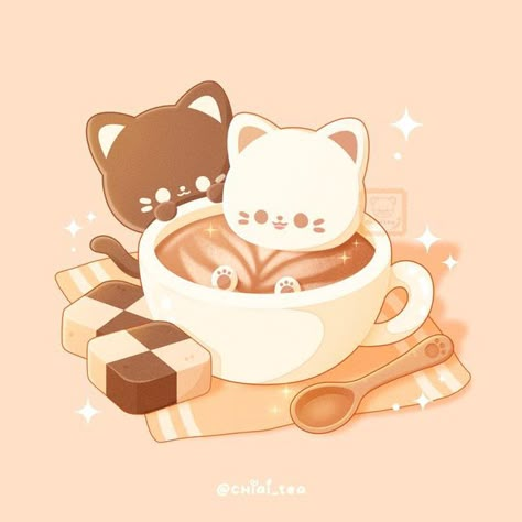 Kawaii Cat Drawing, Images Kawaii, Cute Kawaii Animals, Cute Food Drawings, Cute Food Art, Cozy Cafe, Cute Animal Drawings Kawaii, Gambar Figur, Hello Kitty Iphone Wallpaper