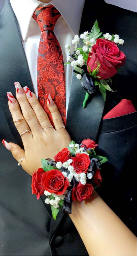 Red Dress Corsage And Boutonniere, Red Flower Corsage Prom, Red And Black Prom Corsage, Red And Yellow Corsage, Red Wrist Corsage Prom, Red Rose Corsage Prom, Red Corsages For Prom, Corsage Prom Red Dress, Corsages For Red Dress