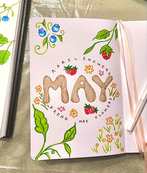 May Page Bullet Journal, May Scrapbook Page, May 2024 Bullet Journal, May Spreads Bullet Journal, May Bullet Journal Ideas Layout, Nature Bujo Theme, May Journal Cover Page, May Reading Journal, Spring Journal Aesthetic