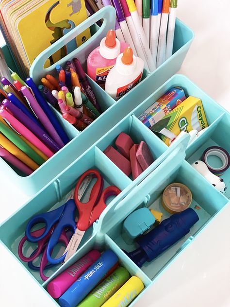 Organizing Kids' Art Supplies with a Rolling Art Cart School Art Supply Organization, Kids Stationary Organization, Art Cart Organization For Kids, Rolling Art Cart, Kids Art Supply Organization, Organize Kids Art Supplies, School Supply Caddy, Art Trolley, Craft Trolley