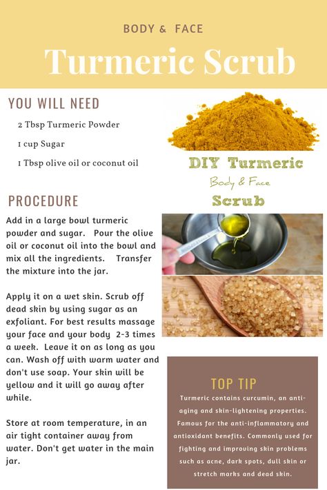 Turmeric Face Scrub, Turmeric Scrub, Diy Body Scrub Recipes, Turmeric Face, Natural Skin Care Ingredients, Body Scrub Recipe, Turmeric Face Mask, Valentine Diy, Natural Skin Care Remedies