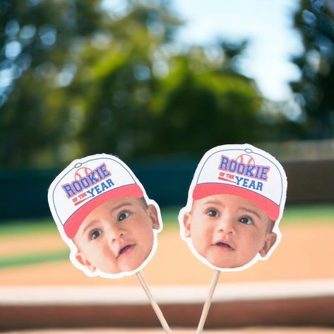 Baseball Cupcake Toppers Baseball Photo Head Party Supplies Rookie of the Year Party Decor Birthday Toppers First Birthday - Etsy Baseball Centerpiece Ideas 1st Birthday, Rookie Year First Birthday Baseball Party, Rookie Year First Birthday Decorations, Rookie Year First Birthday Food, Baseball First Birthday Pictures, Rookie Of The Year First Birthday Cake, Rookie Of The Year First Birthday Decor, Rookie Year Birthday Party, First Birthday Baseball Theme