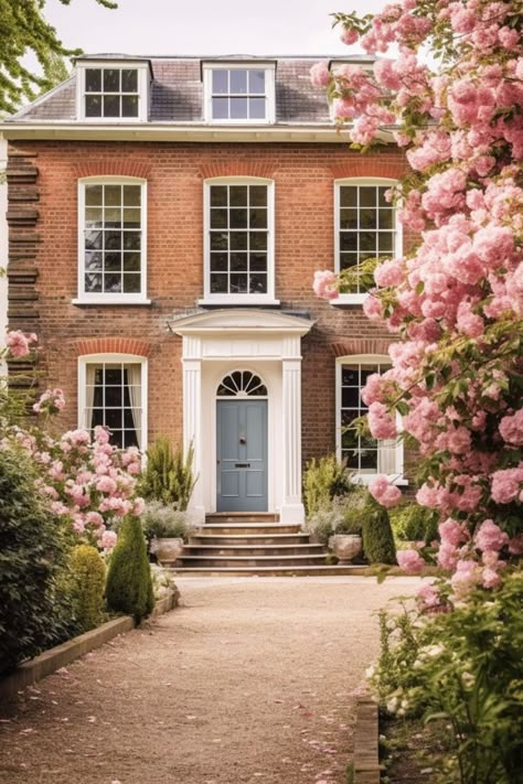 Manor House with Light Blue Door and Pink Rose Bushes Victorian House Layout, Home Exterior Design, Jade Design, Georgian Interiors, Interior Design Images, Hallway Designs, House Layout, London House, Georgian Homes