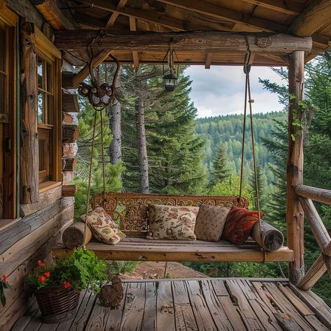 Cozy cabin swing surrounded by nature, perfect for relaxation and unwinding. Cabin With Sunroom, Cabin Veranda, Porch Swing Aesthetic, Cabin Wrap Around Porch, Cabin Front Porch Ideas, Tower Cabin, Cabin With Porch, Rustic Cabin Exterior, Cabin Front Porch