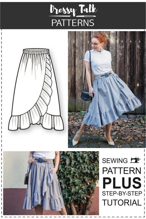 Ruffle Wrap Skirt Pattern, High Low Skirt Pattern, Elastic Waist Skirt Pattern, Wrap Skirt Pattern, Ruffle Wrap Skirt, Skirt Sewing, Sew Ins, Diy Skirt, Couture Mode