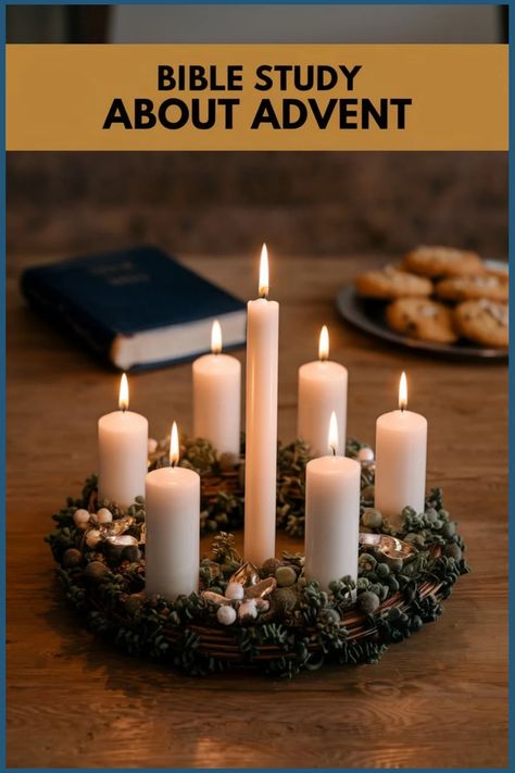 Advent wreath with lit candles on a table, a Bible, and cookies in the background. Advent Week 2 Peace, 2nd Advent Sunday, Sunday School Advent, Advent Bible Study, Advent Hope, Advent Scripture, Advent Readings, Advent Devotionals, Prophet Isaiah