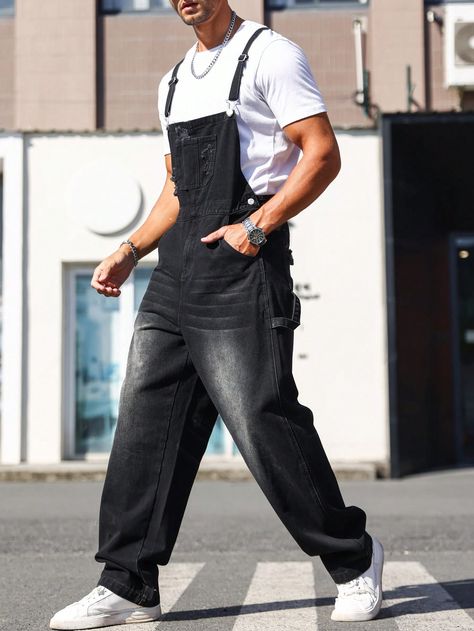 Black Casual Collar Sleeveless Denim Plain Overall Embellished Non-Stretch  Men Clothing Black Denim Outfit, Denim Jumpsuit Overalls, Denim Outfit Men, Loose Fit Denim, Denim Jumpsuits, Men Fashion Casual Outfits, Denim Details, Denim Overalls, Denim Jumpsuit